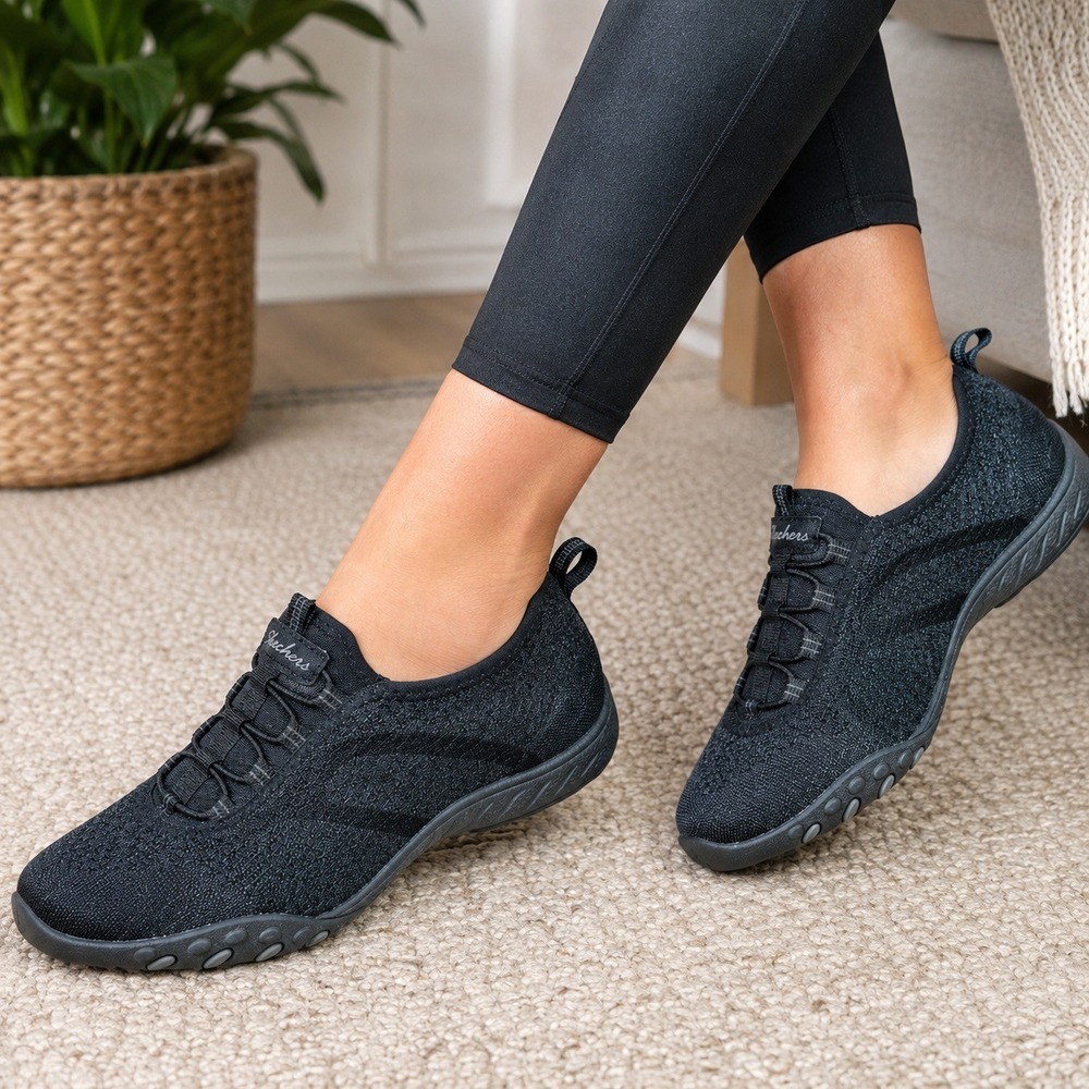 Skechers Breathe Easy Fortune Knit Slip On Shoes Gray Black Sneakers Women's 6.5